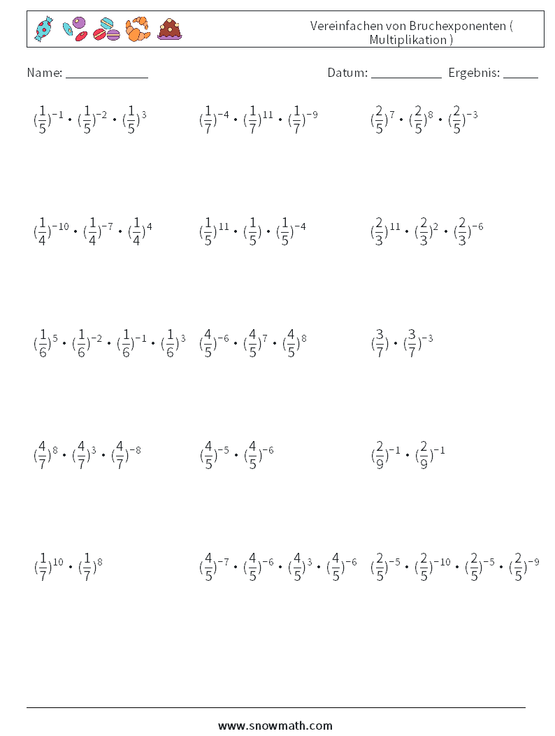 Vereinfachen von Bruchexponenten ( Multiplikation ) Mathe-Arbeitsblätter 3