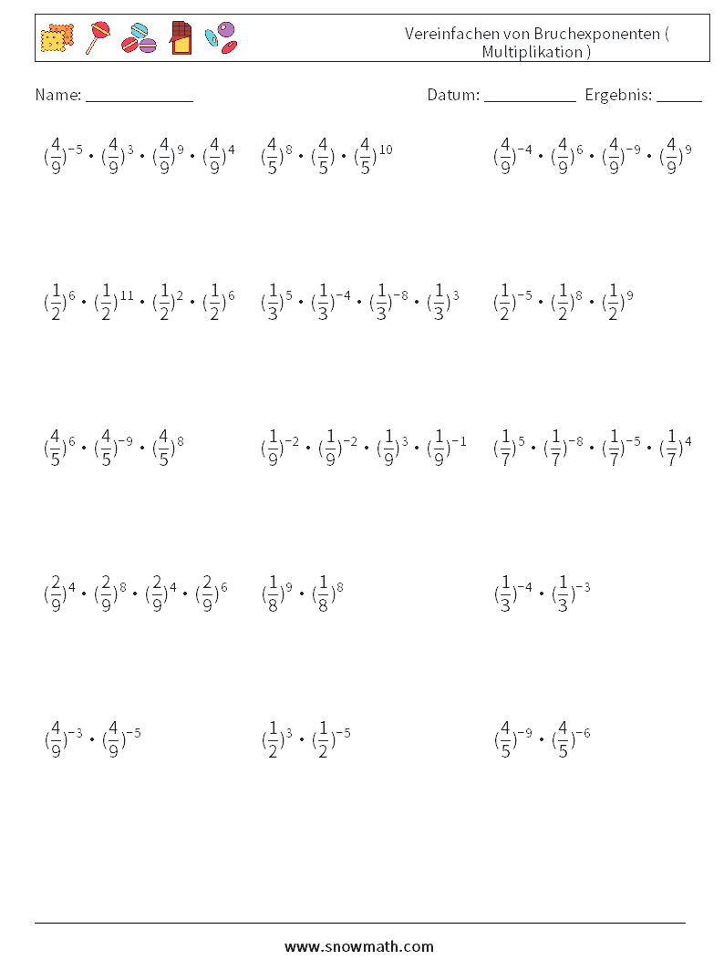 Vereinfachen von Bruchexponenten ( Multiplikation ) Mathe-Arbeitsblätter 4