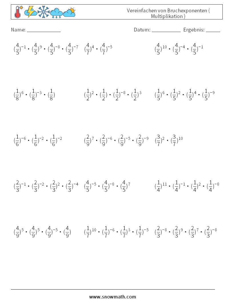 Vereinfachen von Bruchexponenten ( Multiplikation ) Mathe-Arbeitsblätter 5