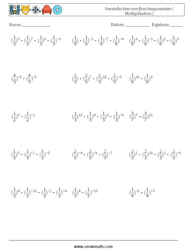 Vereinfachen von Bruchexponenten ( Multiplikation ) Mathe-Arbeitsblätter 6
