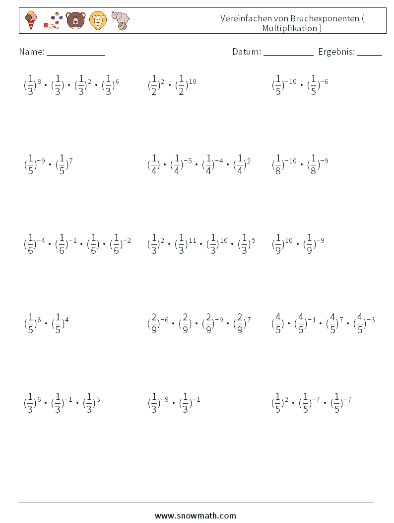 Vereinfachen von Bruchexponenten ( Multiplikation ) Mathe-Arbeitsblätter 7