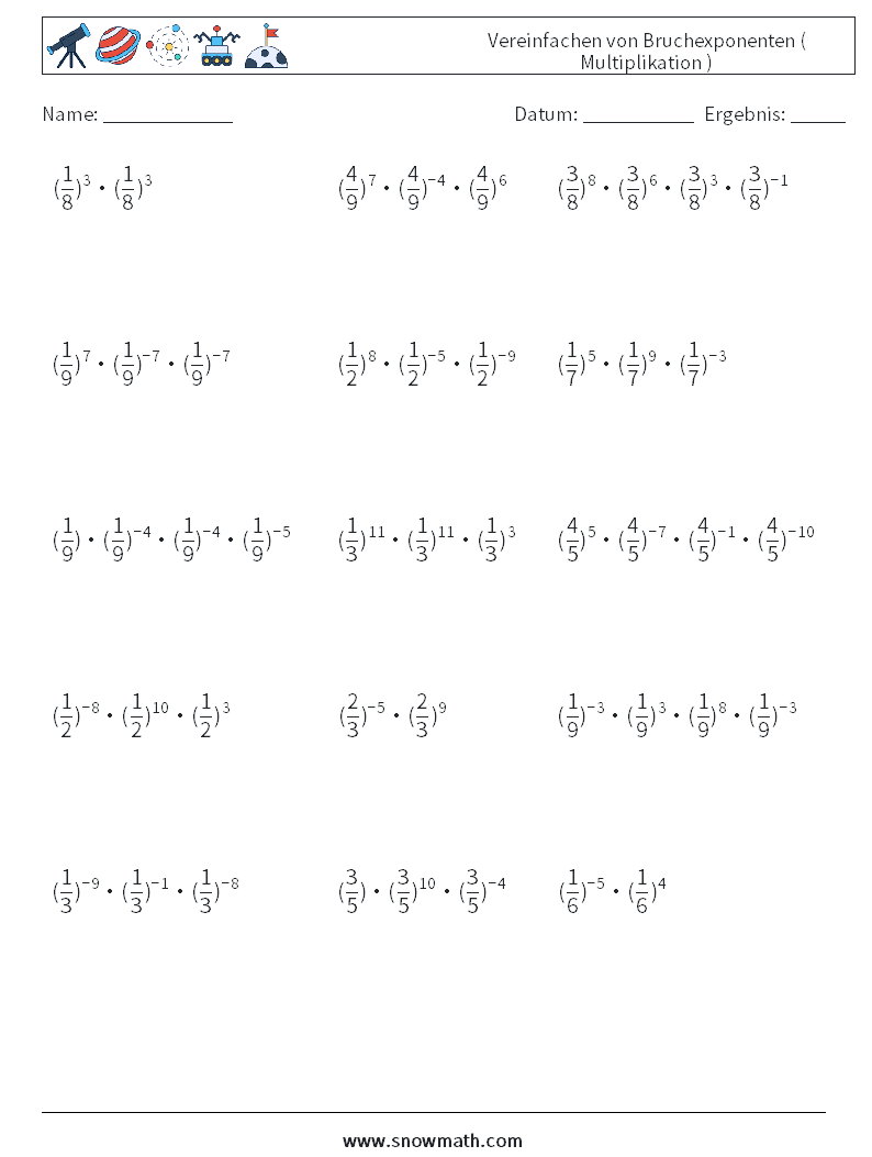 Vereinfachen von Bruchexponenten ( Multiplikation ) Mathe-Arbeitsblätter 8