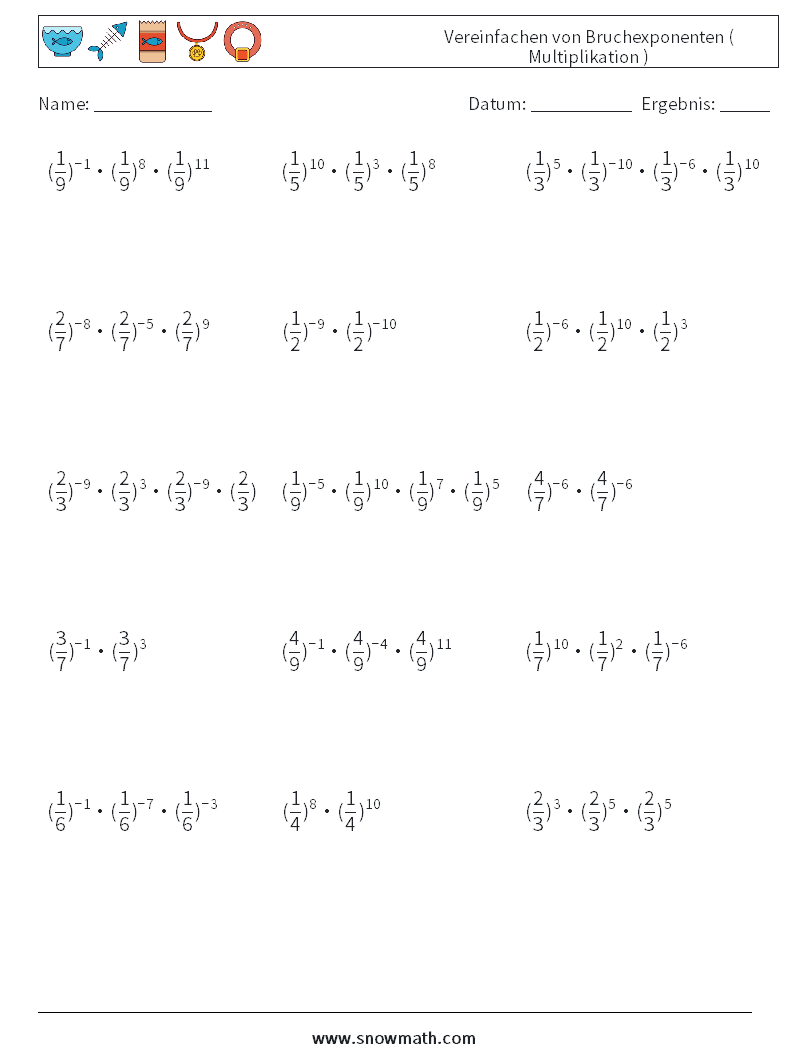 Vereinfachen von Bruchexponenten ( Multiplikation ) Mathe-Arbeitsblätter 9