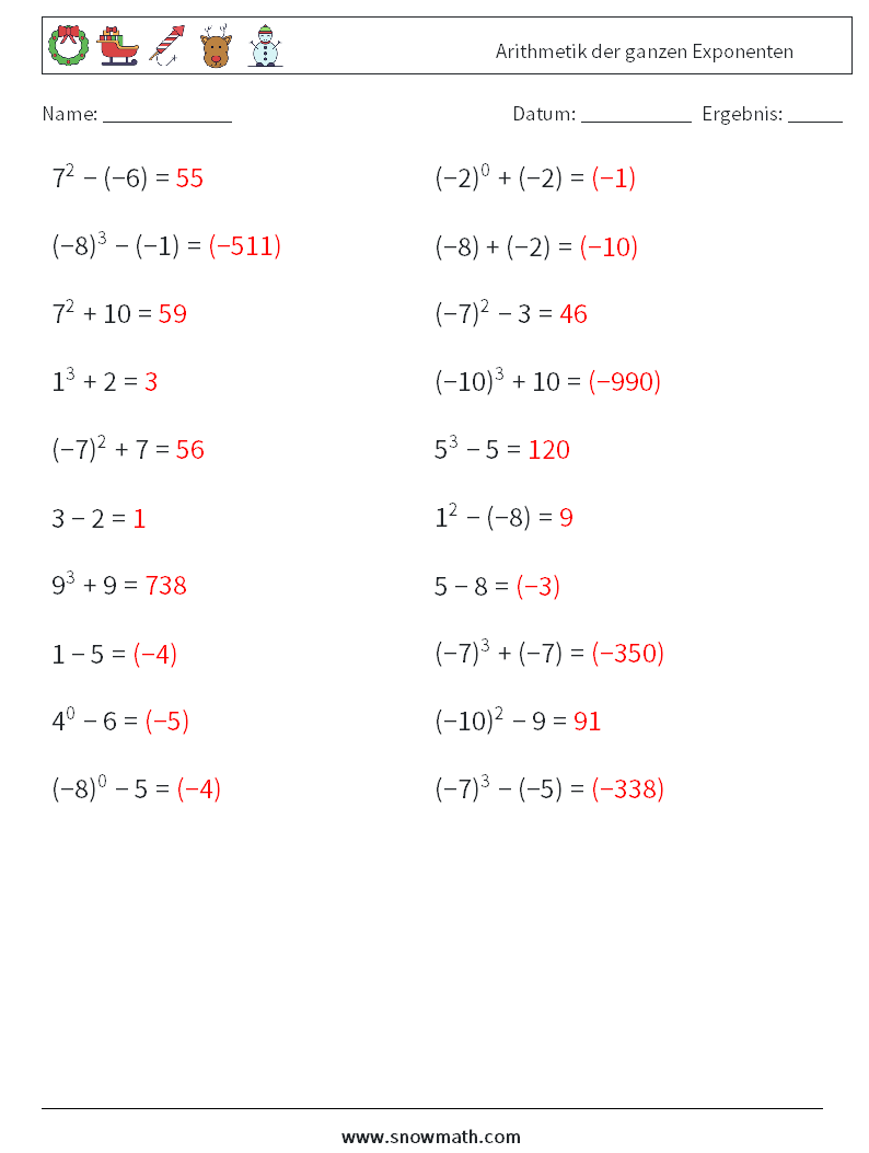 Arithmetik der ganzen Exponenten Mathe-Arbeitsblätter 1 Frage, Antwort