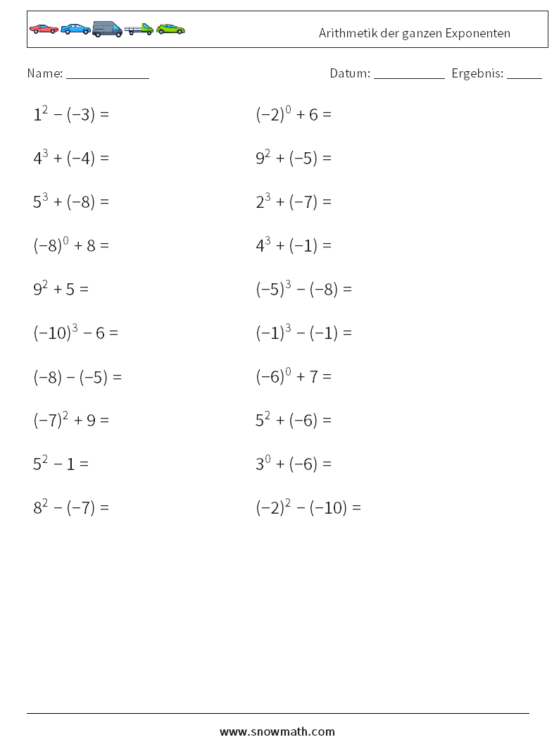 Arithmetik der ganzen Exponenten Mathe-Arbeitsblätter 2