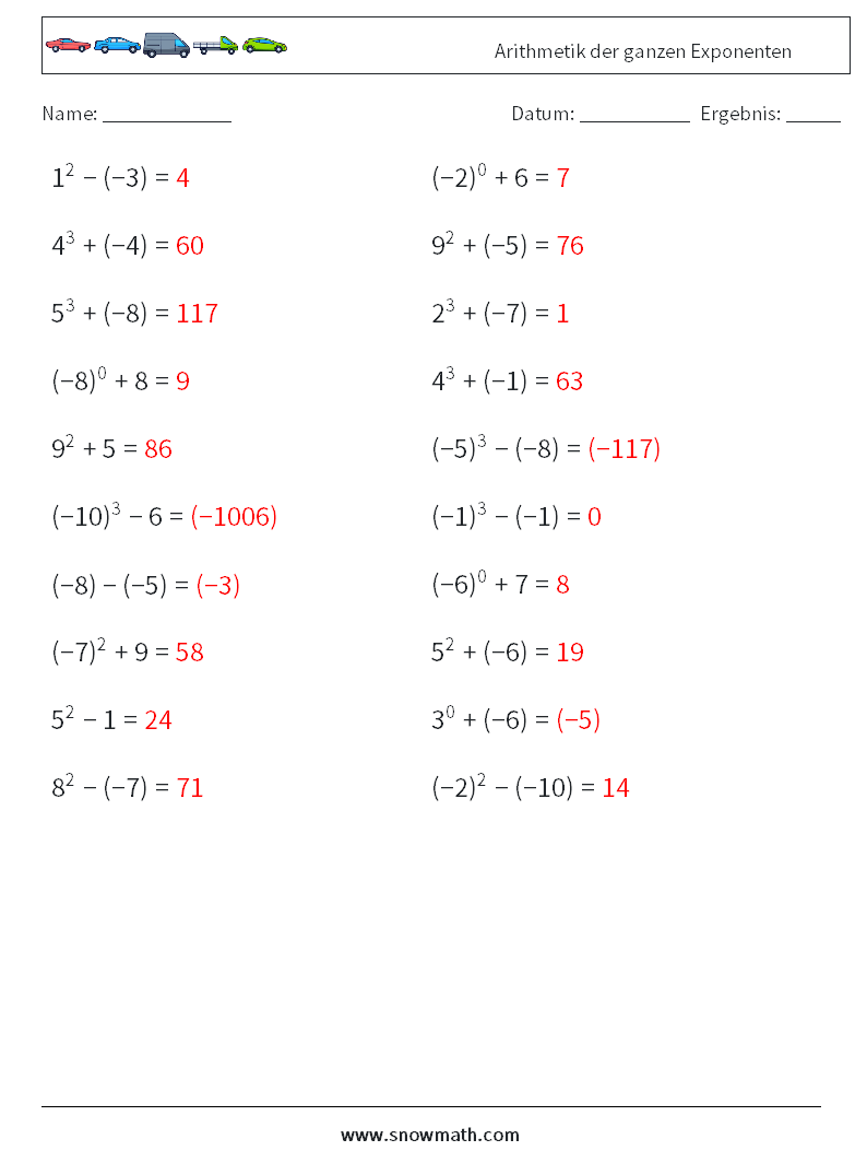 Arithmetik der ganzen Exponenten Mathe-Arbeitsblätter 2 Frage, Antwort