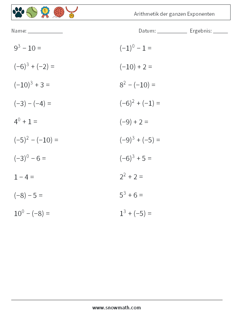 Arithmetik der ganzen Exponenten Mathe-Arbeitsblätter 3