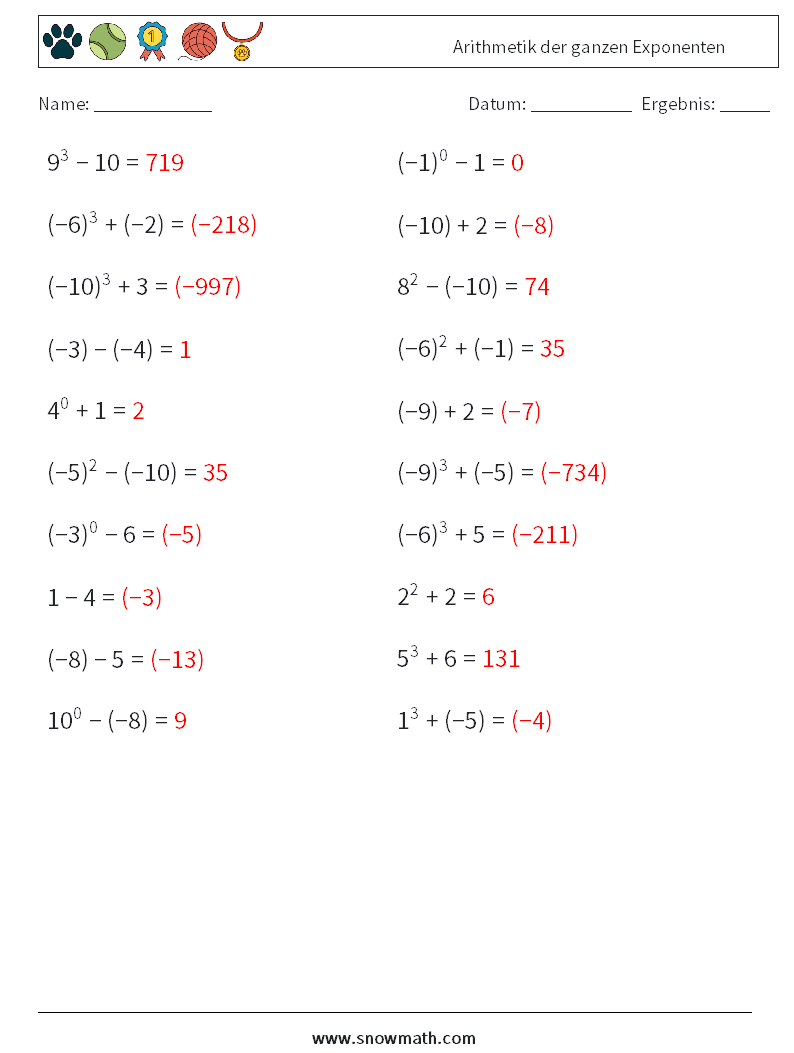 Arithmetik der ganzen Exponenten Mathe-Arbeitsblätter 3 Frage, Antwort