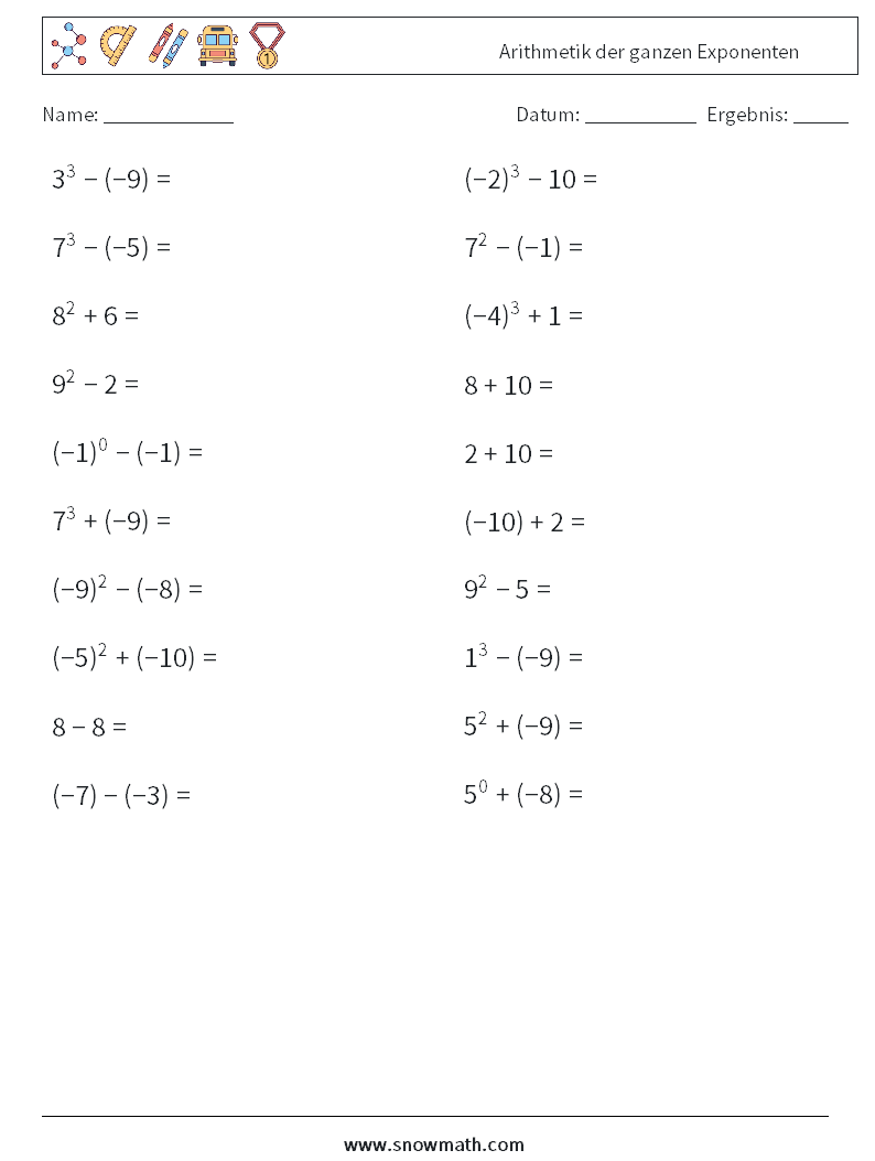 Arithmetik der ganzen Exponenten Mathe-Arbeitsblätter 4
