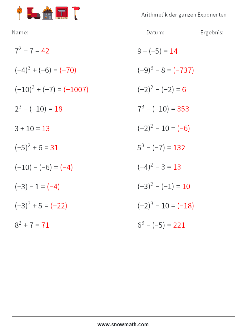 Arithmetik der ganzen Exponenten Mathe-Arbeitsblätter 5 Frage, Antwort
