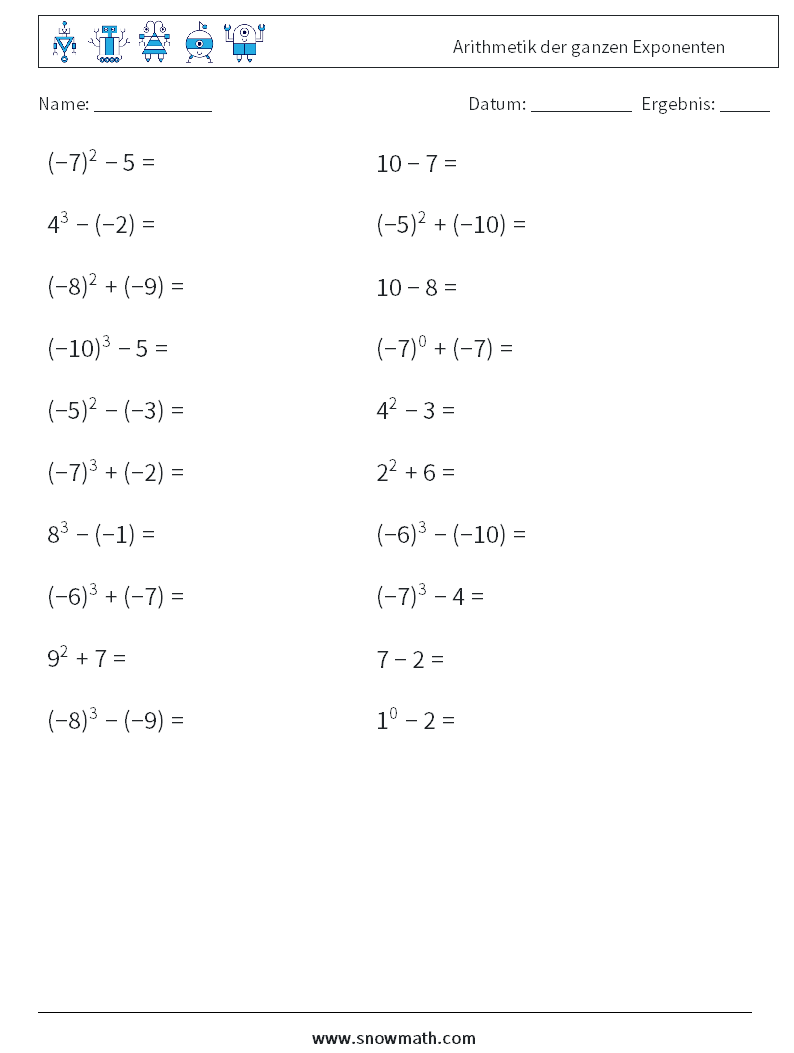 Arithmetik der ganzen Exponenten Mathe-Arbeitsblätter 6