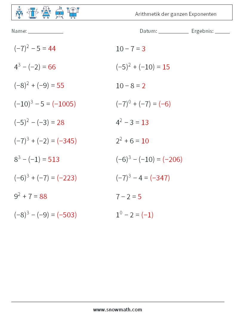 Arithmetik der ganzen Exponenten Mathe-Arbeitsblätter 6 Frage, Antwort