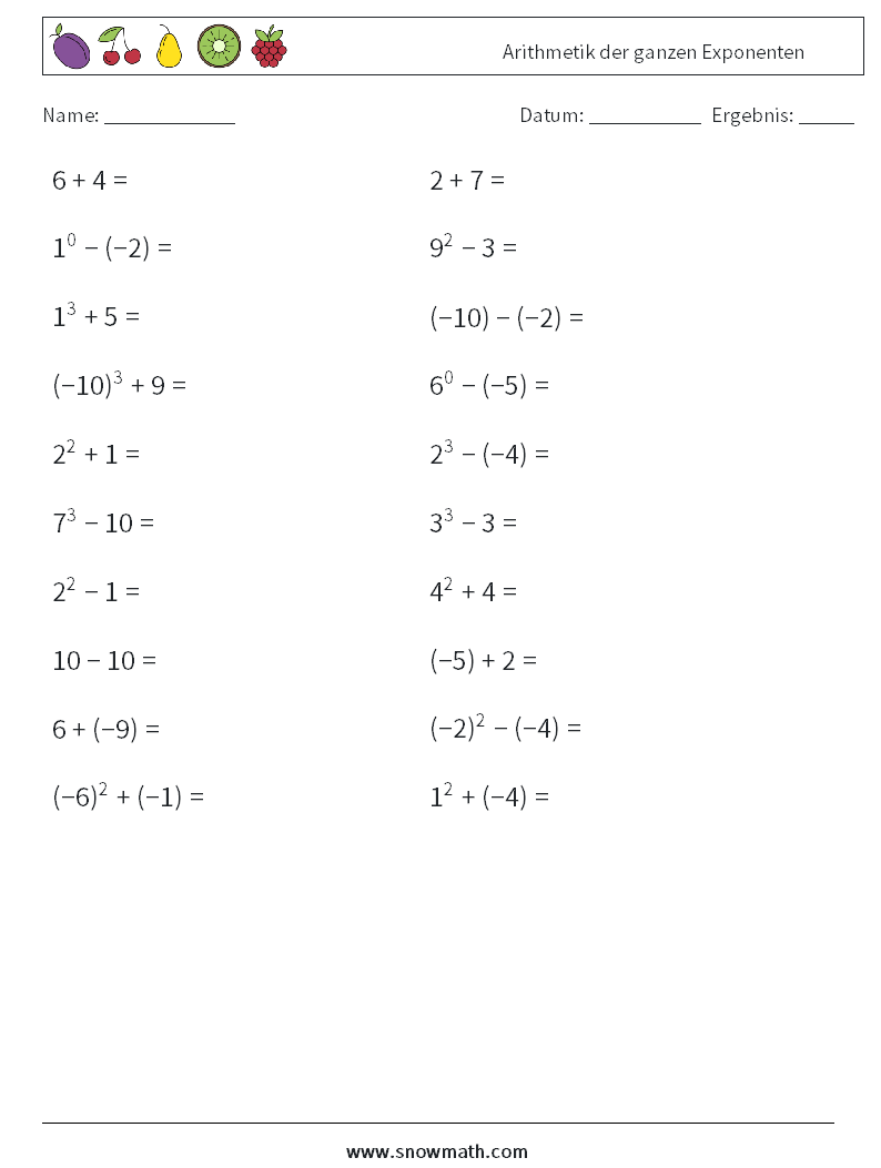 Arithmetik der ganzen Exponenten Mathe-Arbeitsblätter 7