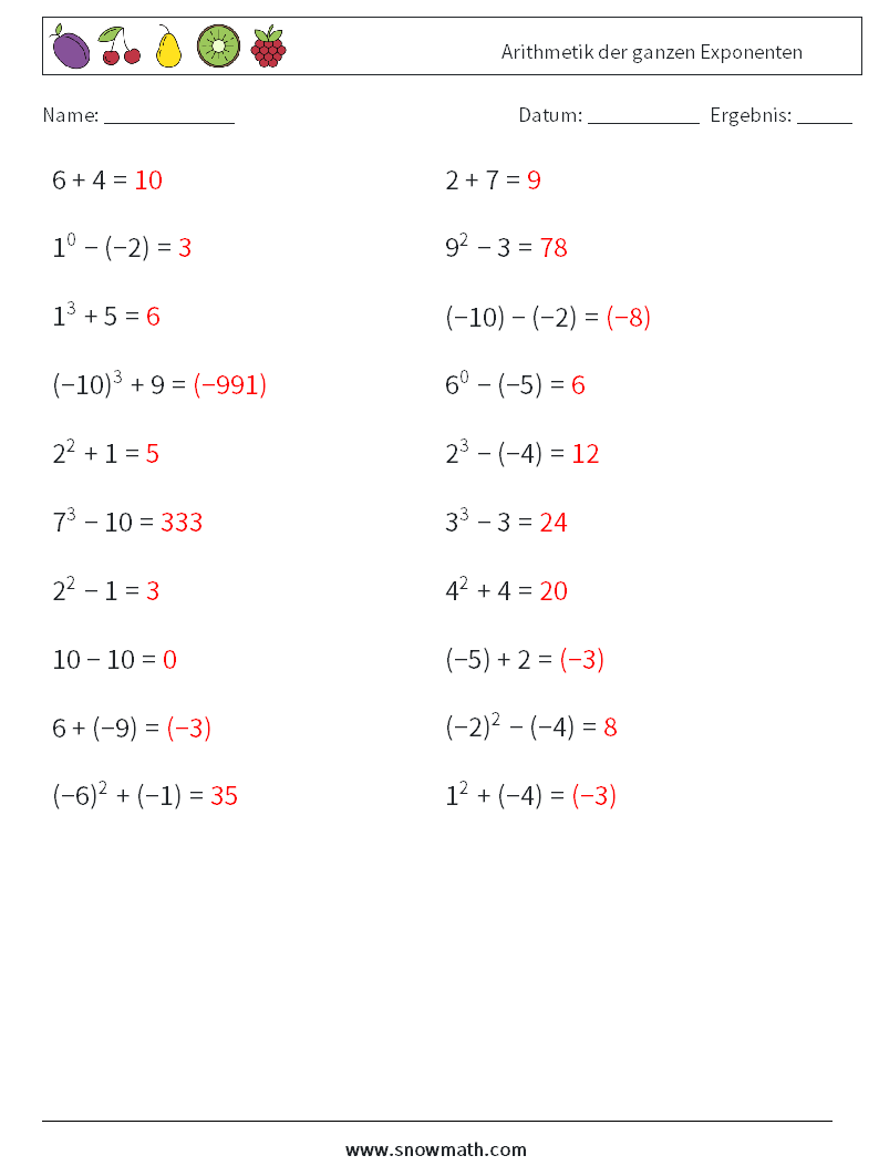Arithmetik der ganzen Exponenten Mathe-Arbeitsblätter 7 Frage, Antwort
