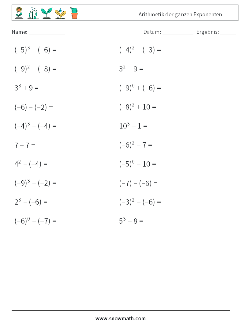 Arithmetik der ganzen Exponenten Mathe-Arbeitsblätter 9