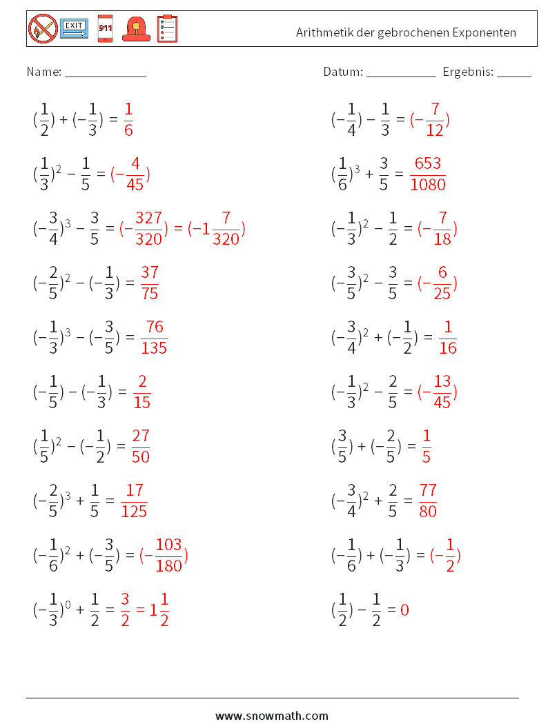 Arithmetik der gebrochenen Exponenten Mathe-Arbeitsblätter 1 Frage, Antwort