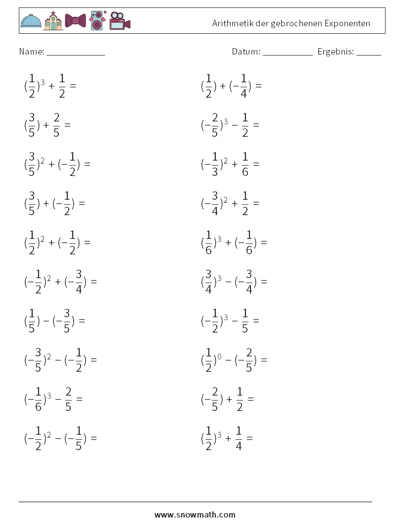 Arithmetik der gebrochenen Exponenten Mathe-Arbeitsblätter 2