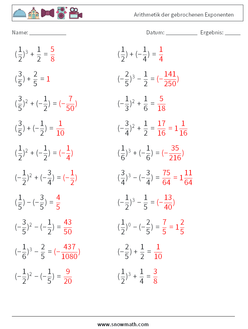 Arithmetik der gebrochenen Exponenten Mathe-Arbeitsblätter 2 Frage, Antwort