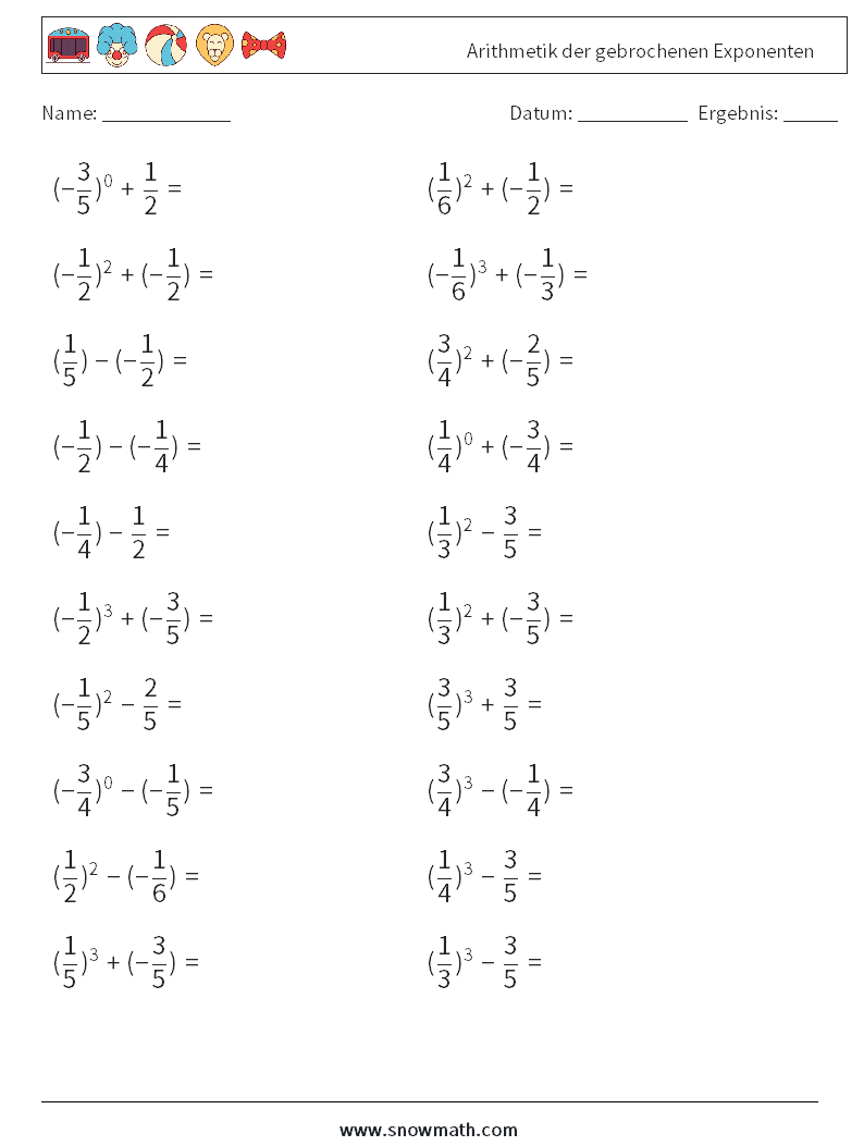 Arithmetik der gebrochenen Exponenten Mathe-Arbeitsblätter 3