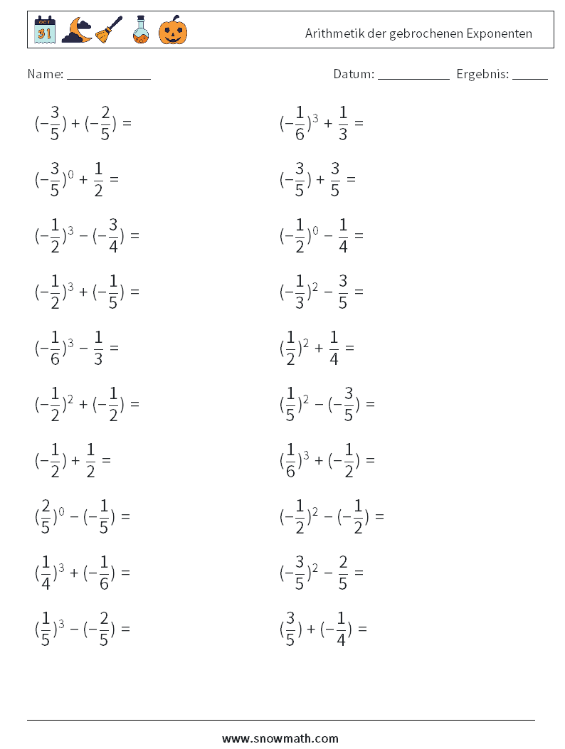 Arithmetik der gebrochenen Exponenten Mathe-Arbeitsblätter 4