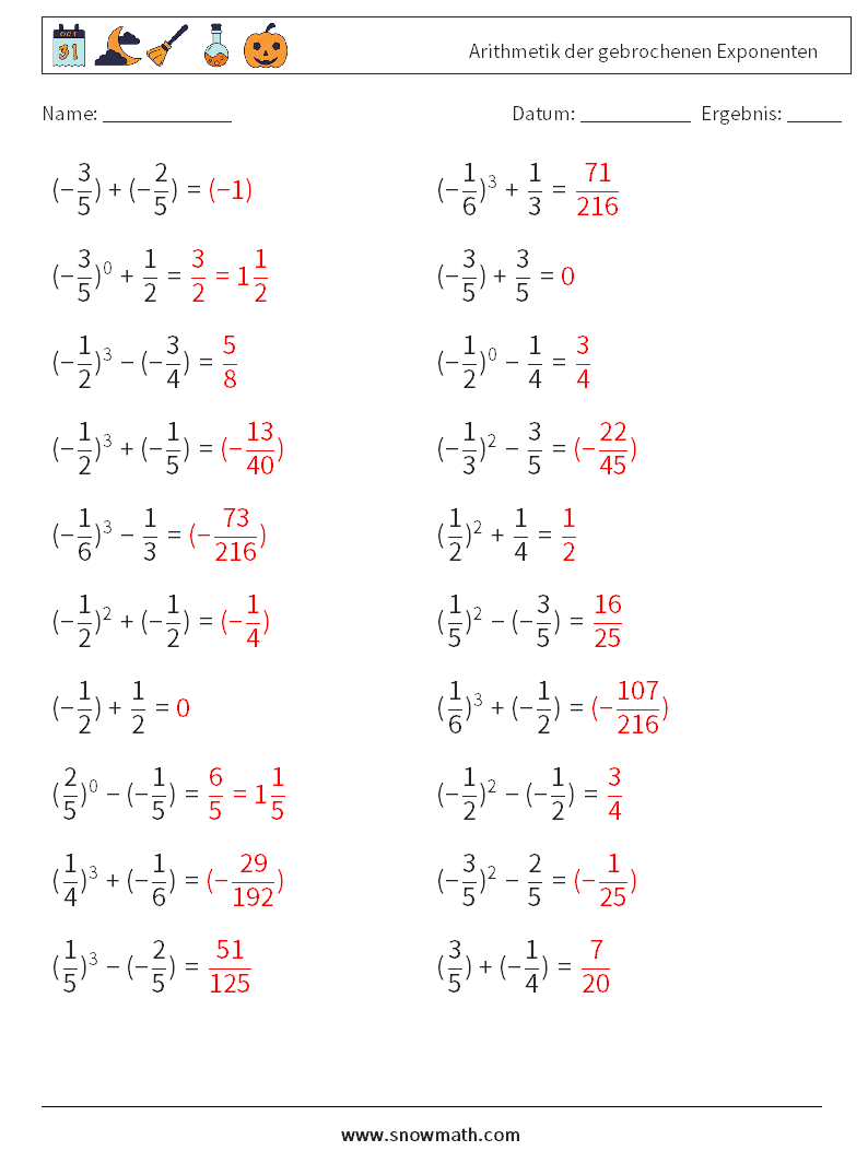 Arithmetik der gebrochenen Exponenten Mathe-Arbeitsblätter 4 Frage, Antwort