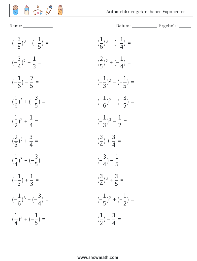 Arithmetik der gebrochenen Exponenten Mathe-Arbeitsblätter 5