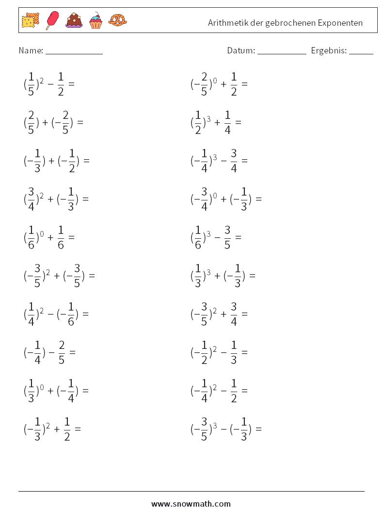 Arithmetik der gebrochenen Exponenten Mathe-Arbeitsblätter 7