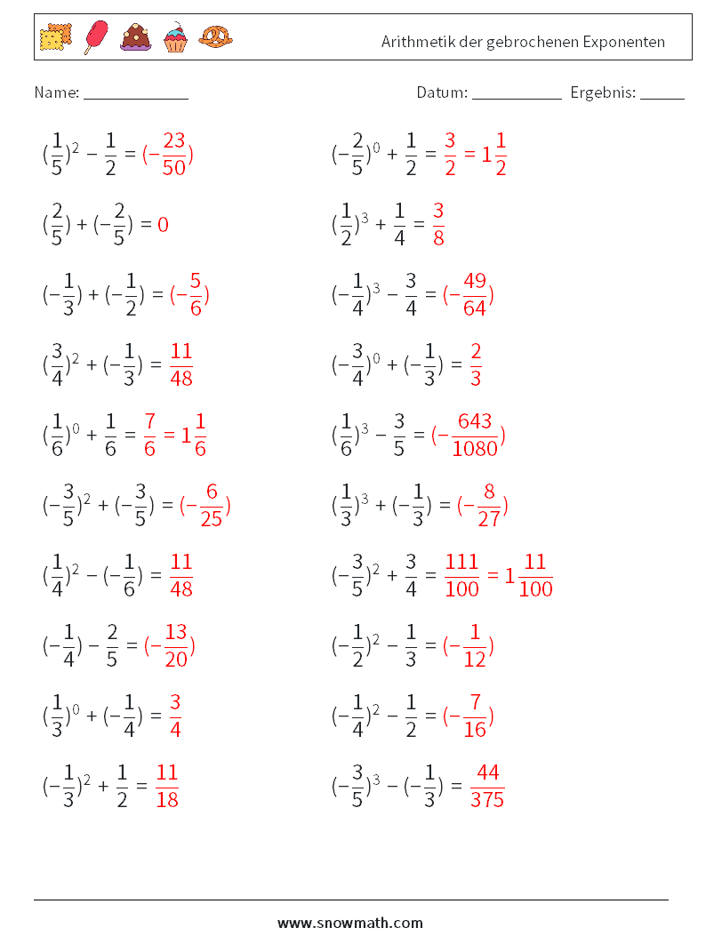 Arithmetik der gebrochenen Exponenten Mathe-Arbeitsblätter 7 Frage, Antwort