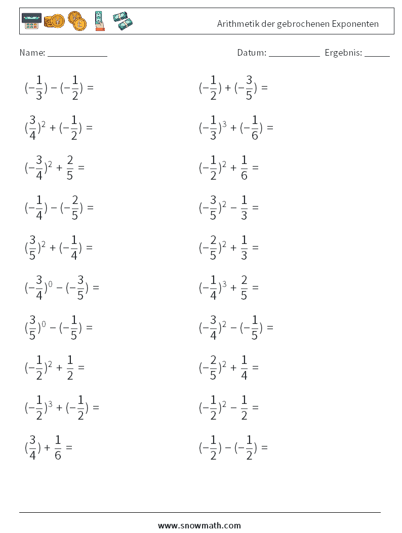 Arithmetik der gebrochenen Exponenten Mathe-Arbeitsblätter 8