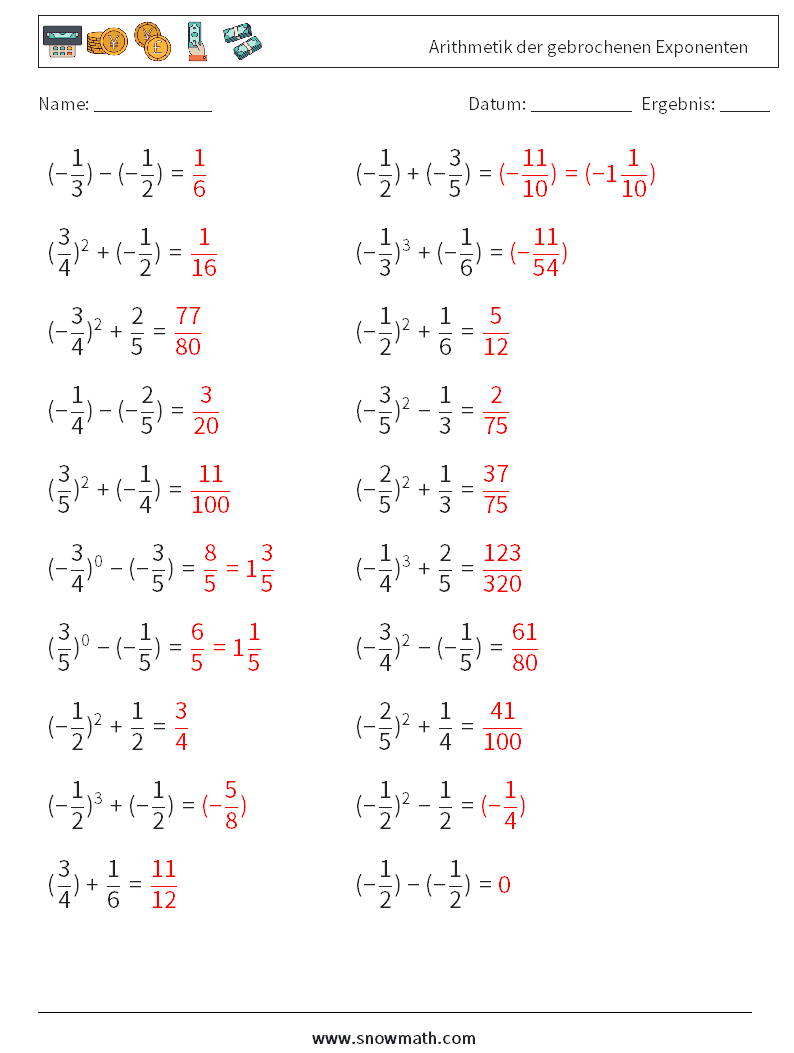 Arithmetik der gebrochenen Exponenten Mathe-Arbeitsblätter 8 Frage, Antwort