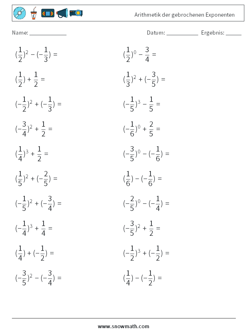 Arithmetik der gebrochenen Exponenten Mathe-Arbeitsblätter 9