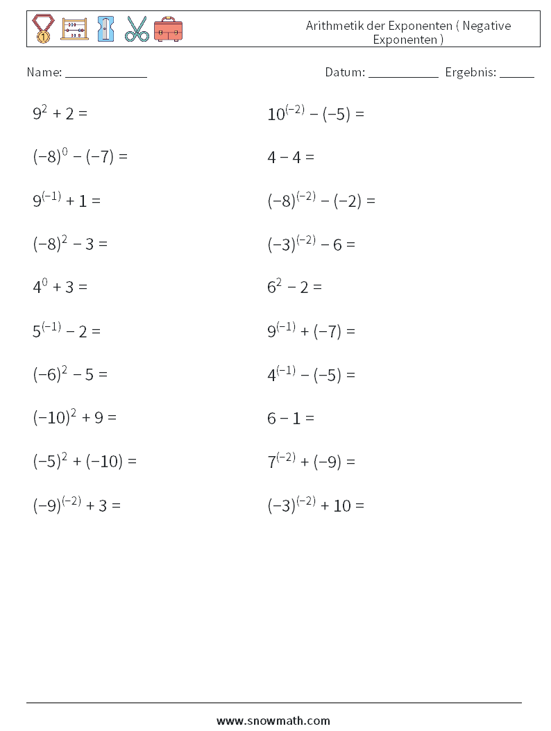  Arithmetik der Exponenten ( Negative Exponenten ) Mathe-Arbeitsblätter 2