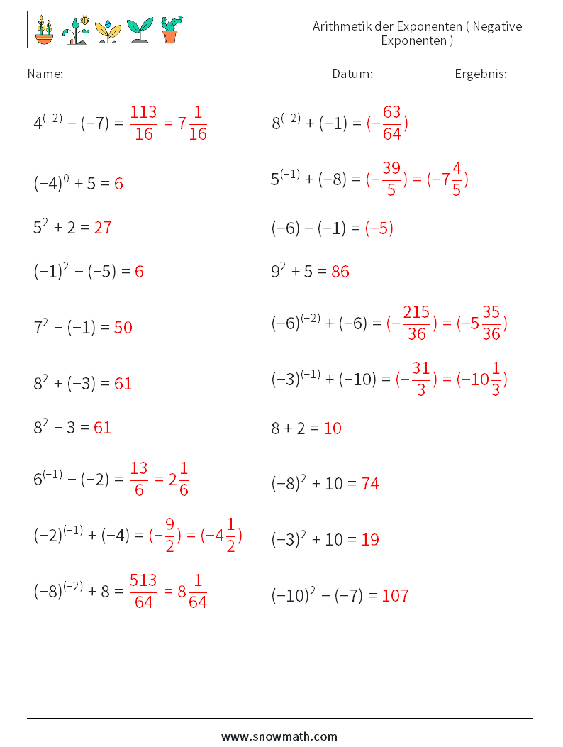  Arithmetik der Exponenten ( Negative Exponenten ) Mathe-Arbeitsblätter 3 Frage, Antwort