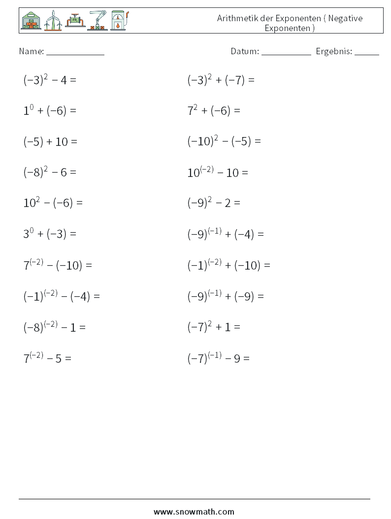  Arithmetik der Exponenten ( Negative Exponenten ) Mathe-Arbeitsblätter 4
