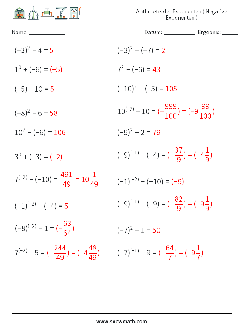  Arithmetik der Exponenten ( Negative Exponenten ) Mathe-Arbeitsblätter 4 Frage, Antwort