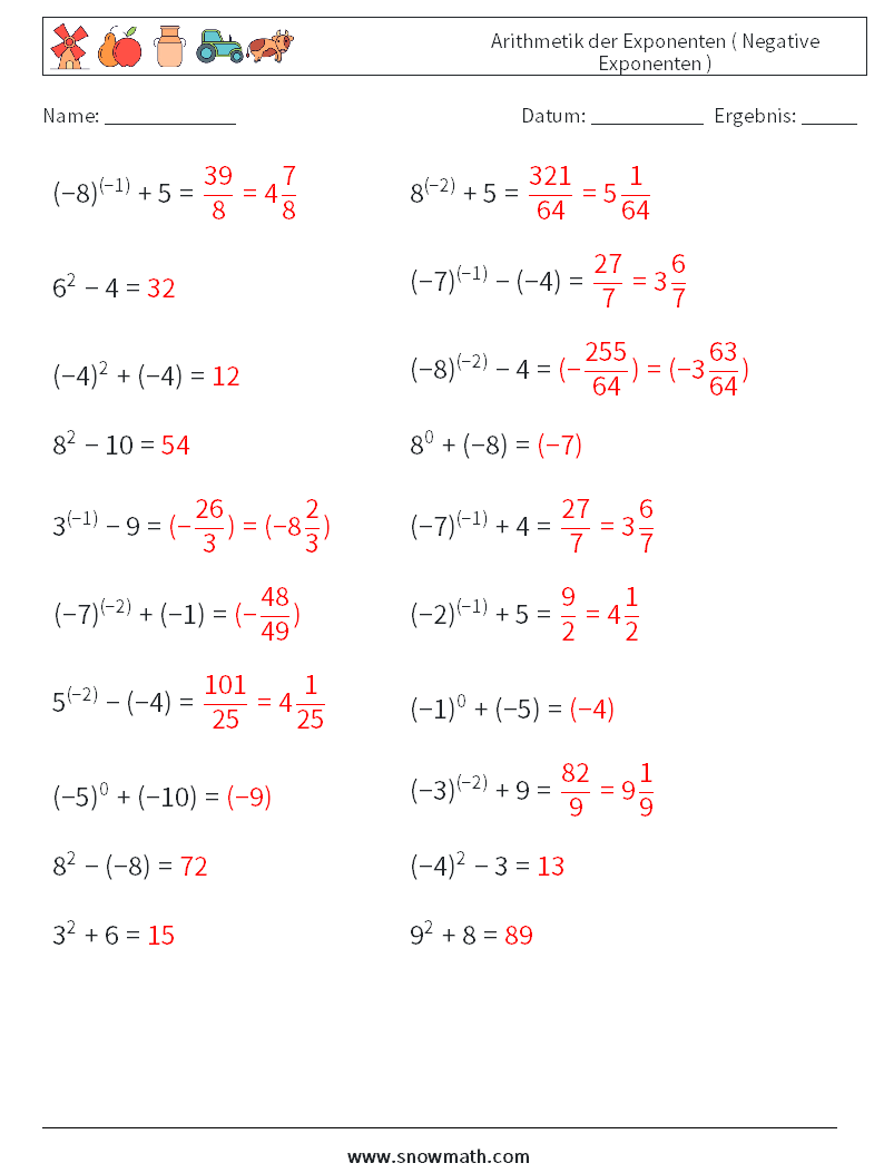  Arithmetik der Exponenten ( Negative Exponenten ) Mathe-Arbeitsblätter 5 Frage, Antwort