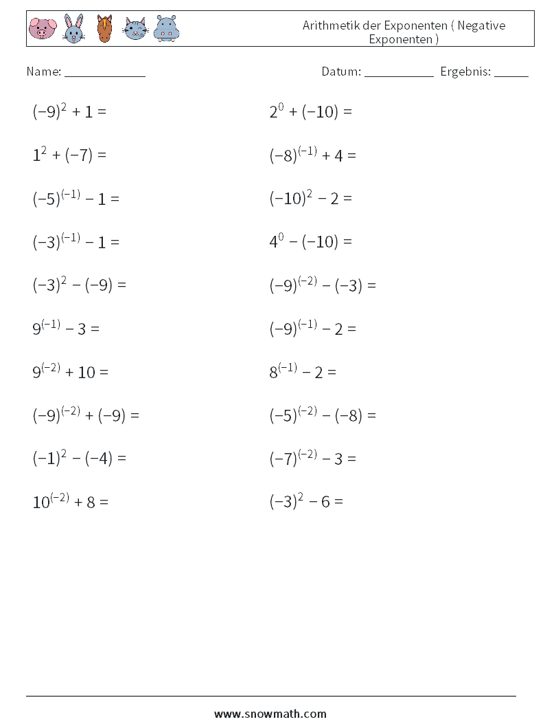  Arithmetik der Exponenten ( Negative Exponenten ) Mathe-Arbeitsblätter 7