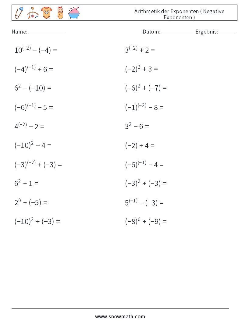  Arithmetik der Exponenten ( Negative Exponenten ) Mathe-Arbeitsblätter 8