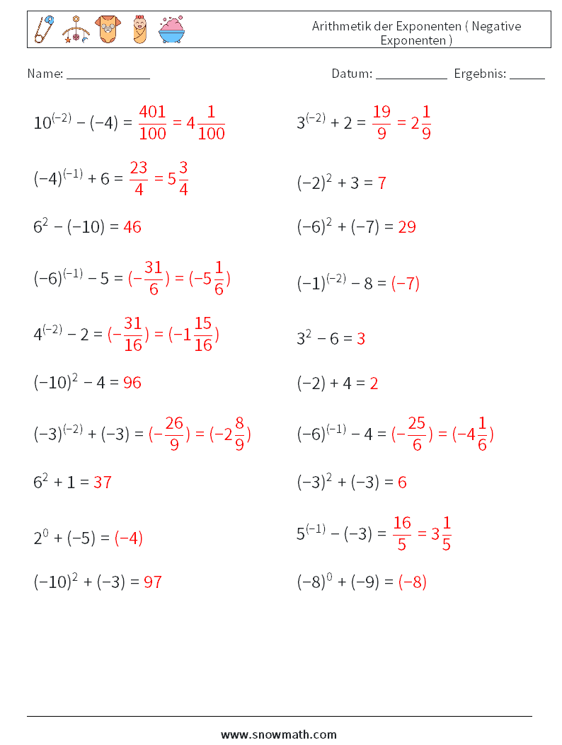  Arithmetik der Exponenten ( Negative Exponenten ) Mathe-Arbeitsblätter 8 Frage, Antwort