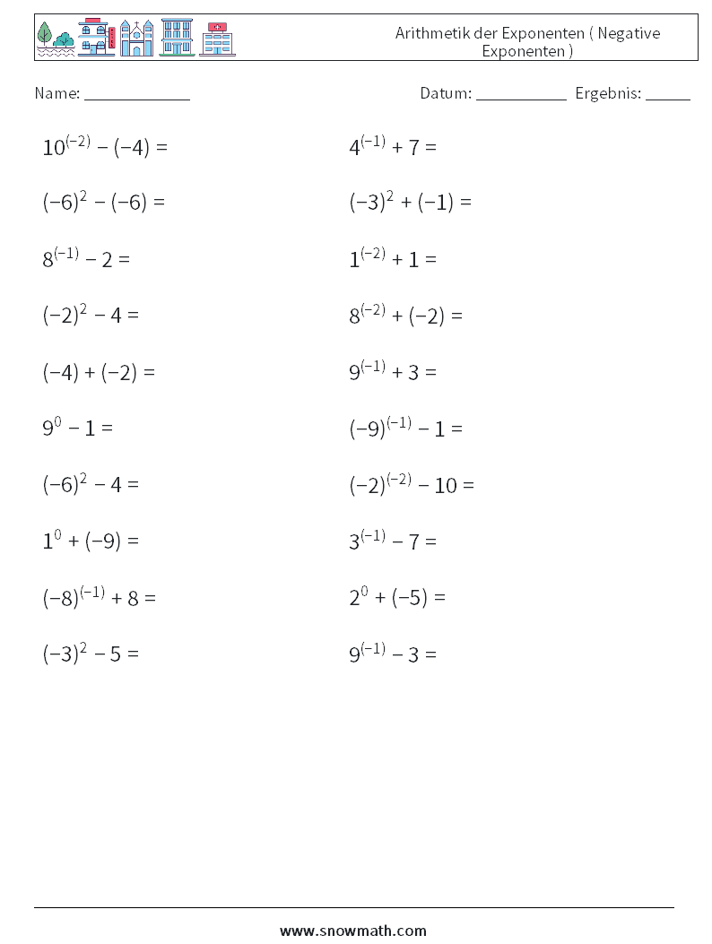  Arithmetik der Exponenten ( Negative Exponenten ) Mathe-Arbeitsblätter 9