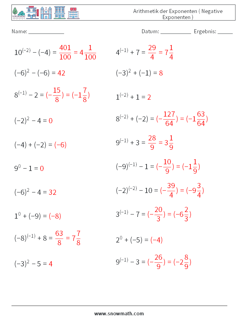  Arithmetik der Exponenten ( Negative Exponenten ) Mathe-Arbeitsblätter 9 Frage, Antwort