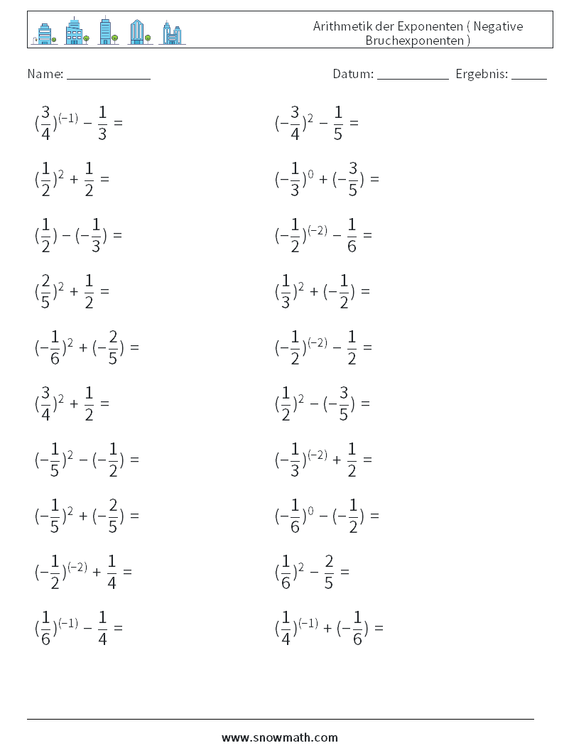 Arithmetik der Exponenten ( Negative Bruchexponenten ) Mathe-Arbeitsblätter 2