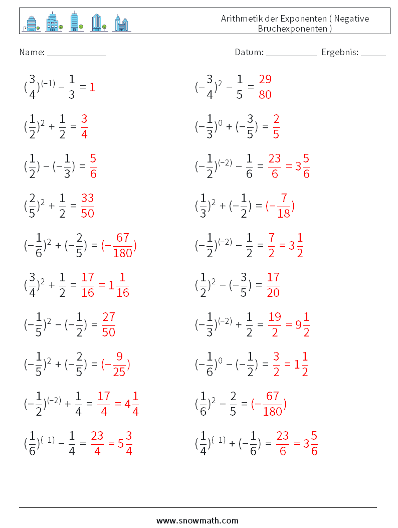  Arithmetik der Exponenten ( Negative Bruchexponenten ) Mathe-Arbeitsblätter 2 Frage, Antwort