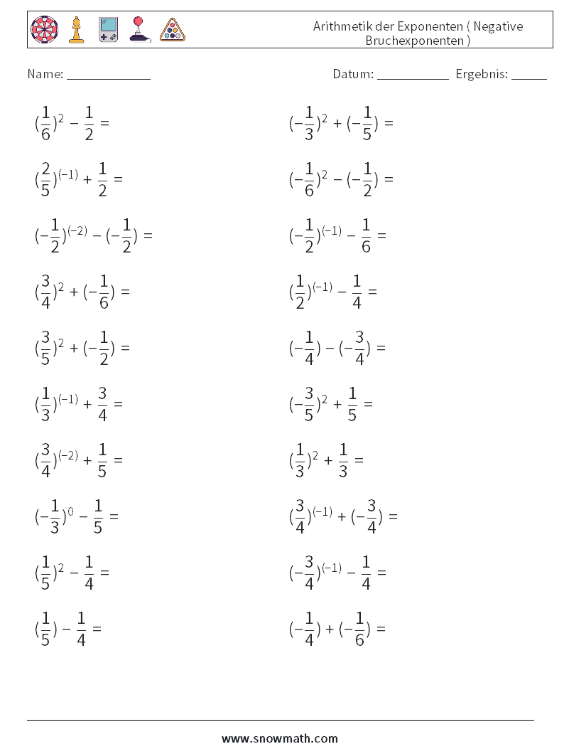  Arithmetik der Exponenten ( Negative Bruchexponenten ) Mathe-Arbeitsblätter 3