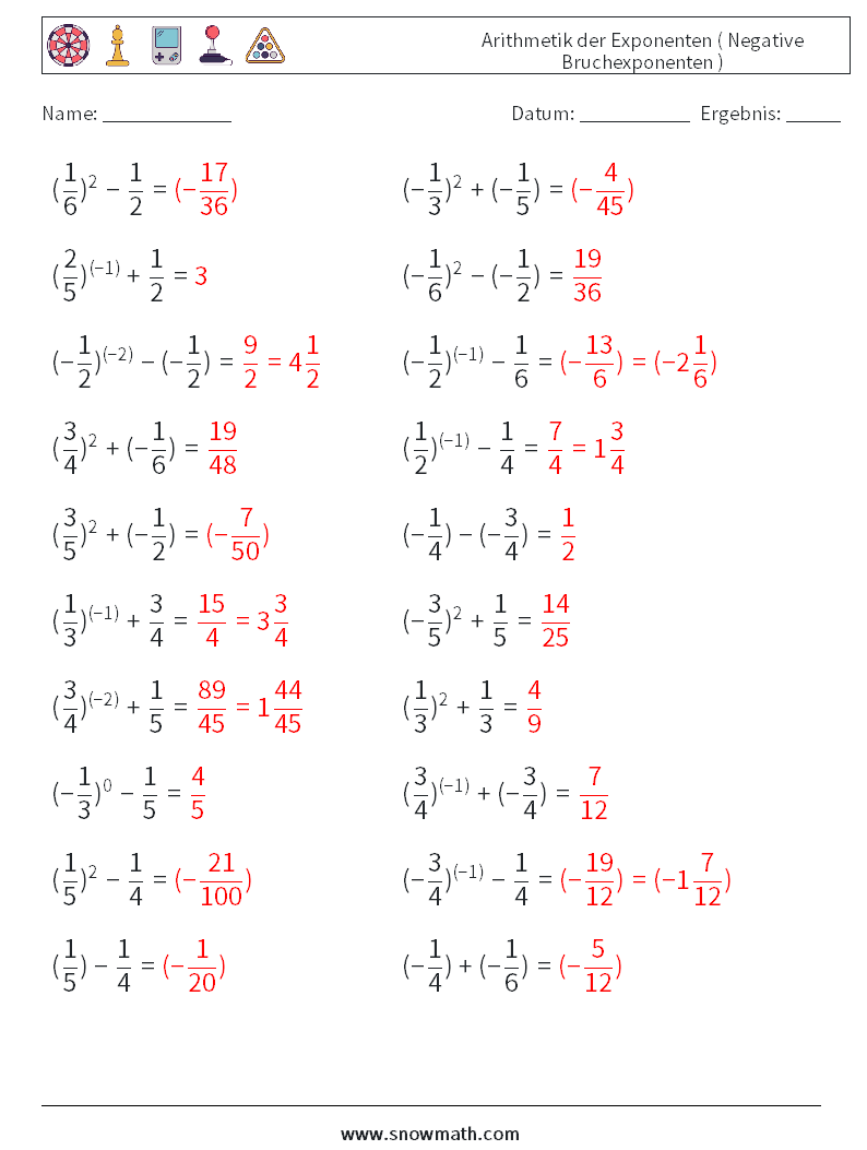  Arithmetik der Exponenten ( Negative Bruchexponenten ) Mathe-Arbeitsblätter 3 Frage, Antwort
