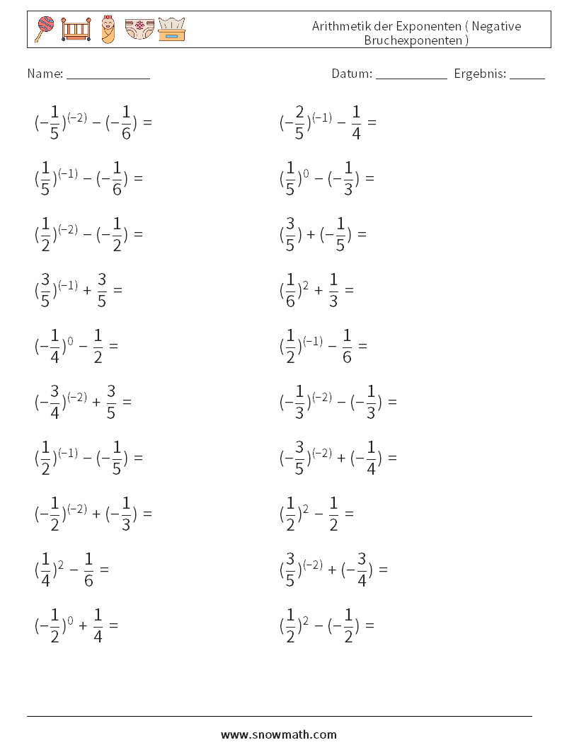  Arithmetik der Exponenten ( Negative Bruchexponenten ) Mathe-Arbeitsblätter 4