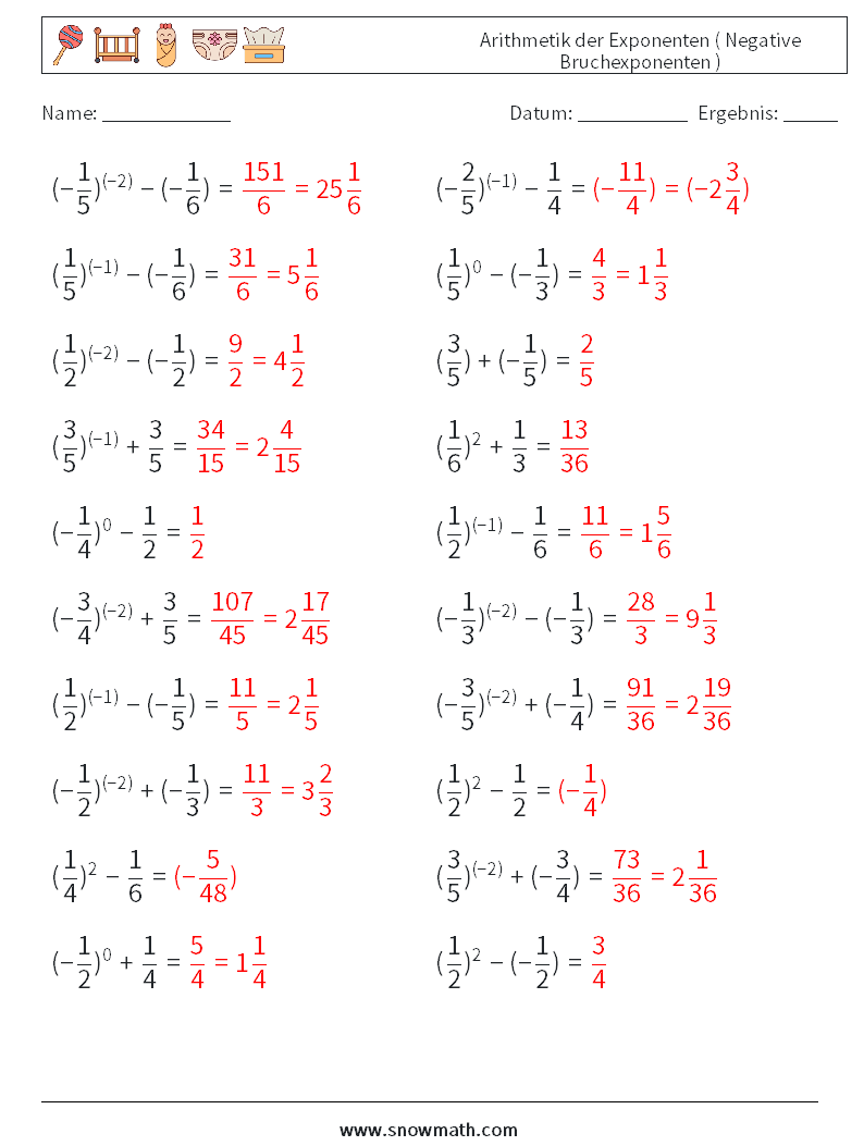  Arithmetik der Exponenten ( Negative Bruchexponenten ) Mathe-Arbeitsblätter 4 Frage, Antwort