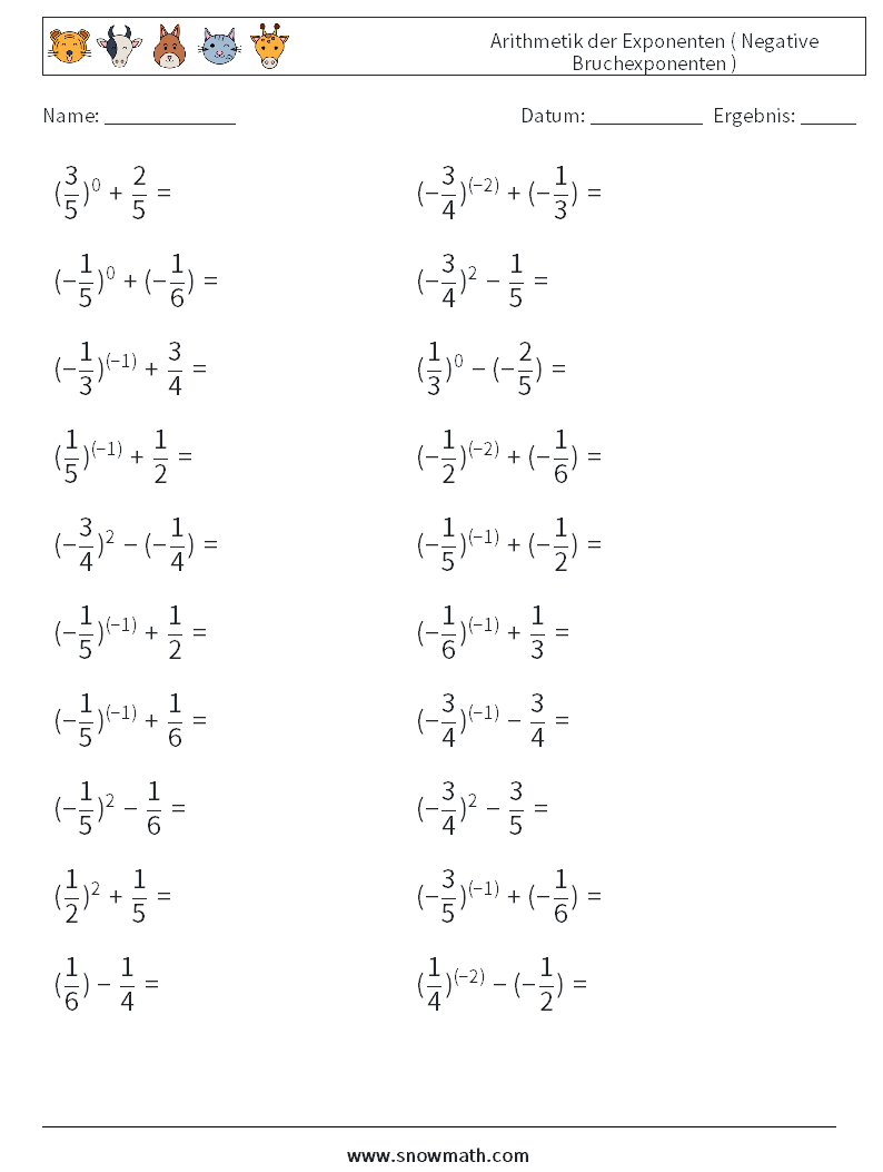  Arithmetik der Exponenten ( Negative Bruchexponenten ) Mathe-Arbeitsblätter 5
