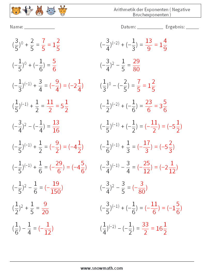 Arithmetik der Exponenten ( Negative Bruchexponenten ) Mathe-Arbeitsblätter 5 Frage, Antwort