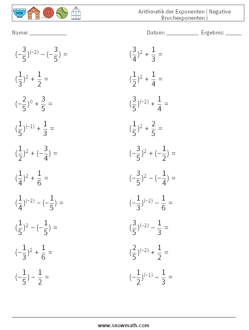  Arithmetik der Exponenten ( Negative Bruchexponenten ) Mathe-Arbeitsblätter 6